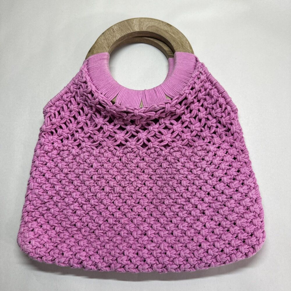 Unbranded Crochet Pink Wooden Handle Boho Purse Hippie Festival Cottagecore